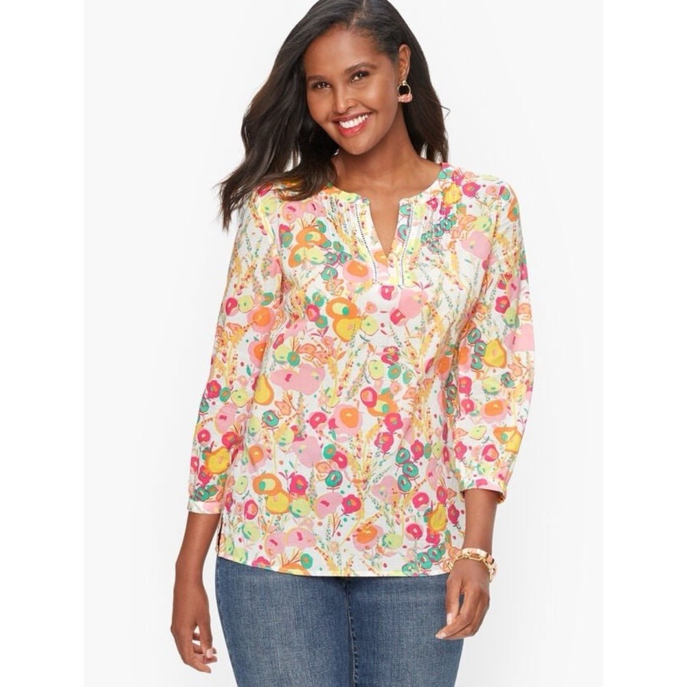 Talbots Cotton Pintuck Popover Top Abstract Floral Lightweight Beach Colorful Sm